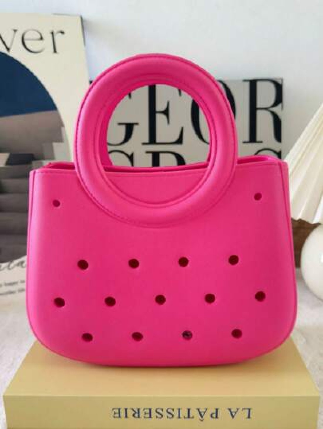 1pc EVA Solid Color DIY Hollow Out Tote Bag Waterproof Storage Basket Beach Bag Fashion Handbag