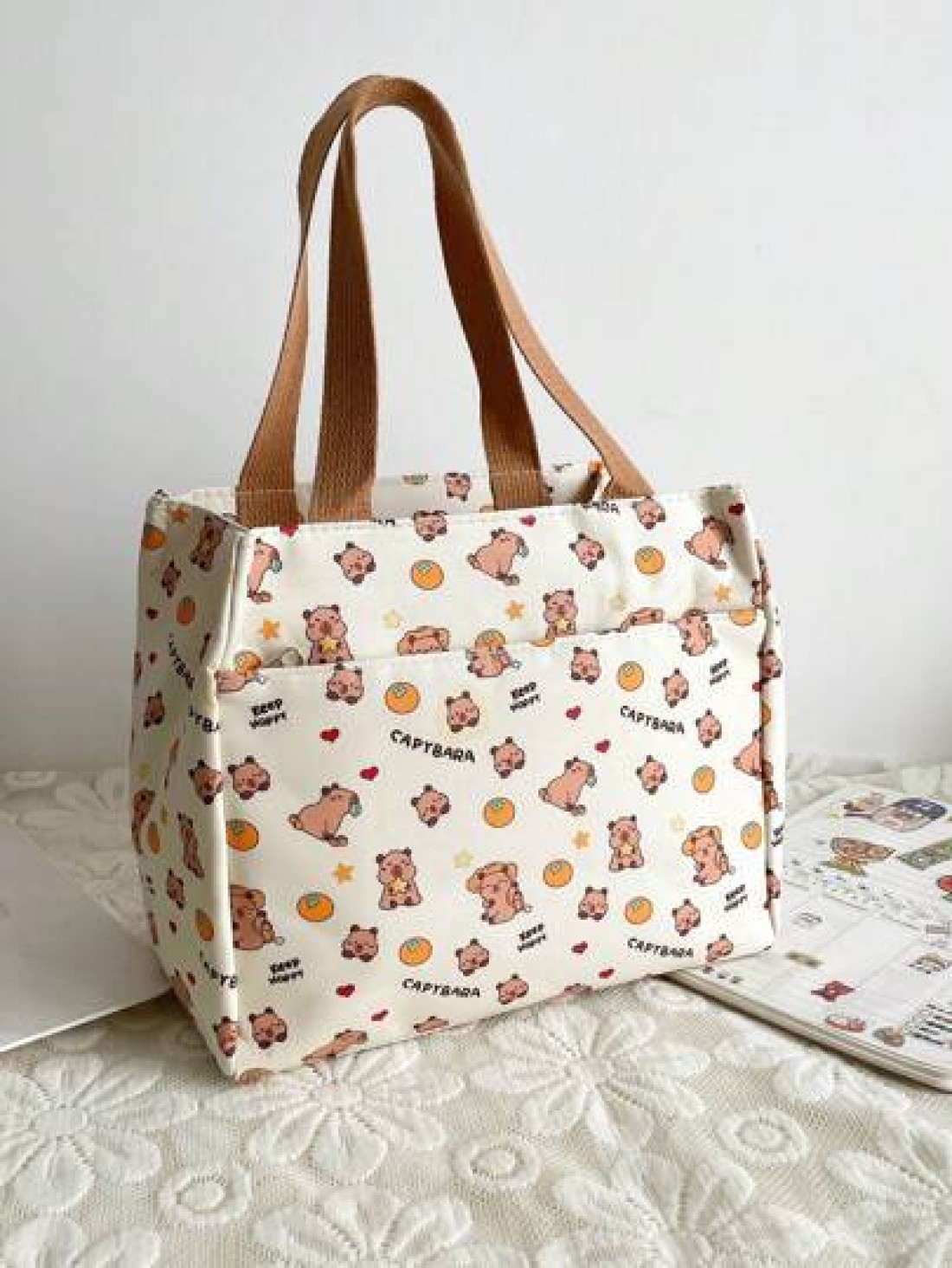 1pc Cute Capybara Printed Nylon Bag Ins Large Capacity Handbag Niche Versatile Shopping Bag Lunch Bag Lunch Box Bag Hand Held Lunch Bag Handbag Smooth Zipper Suitable For Going Out Shopping Daily Use