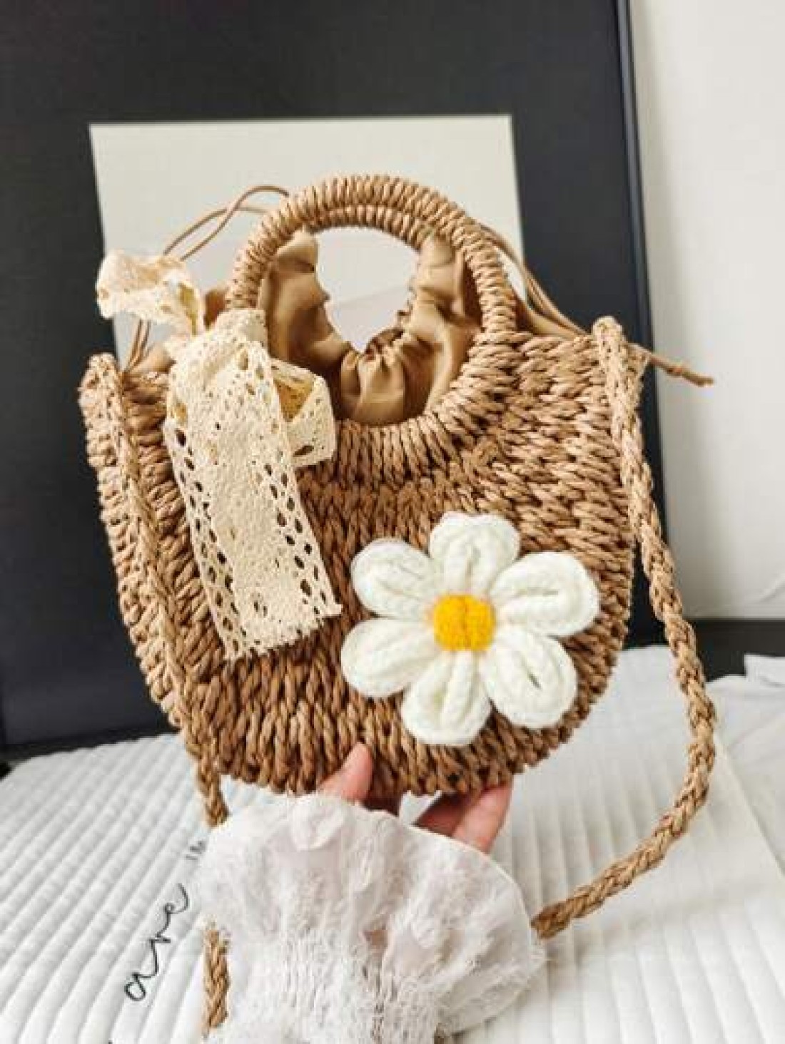 1pc Handbag Drawstring Opening And Closing This Year s Popular Handmade Sunflower Woven Bag For Girl 2025 New Ins Versatile Summer Messenger Bag Shoulder Handbag Comfortable Shoulder Strap Suitable Fo