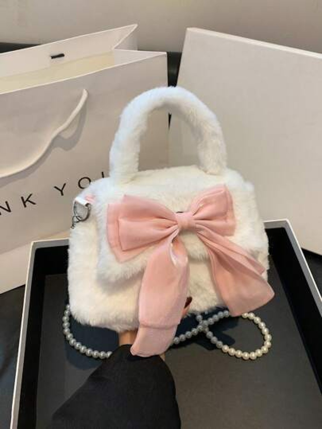 1 Pc Cute Mini Kids Pink Big Bow Soft Plush Handbag Fall Winter Pearl Shoulder Strap Crossbody Bag Lightweight Square Bags For Girls Students For Festivals Vacation Holiday Fashion Accessory