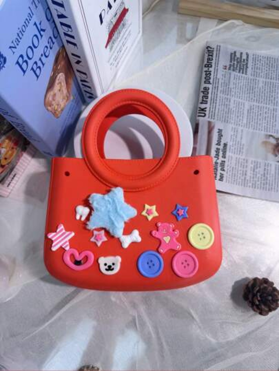 1pc EVA Solid Color Waterproof DIY Tote Bag Beach Basket Fashionable Hollow Out Travel Handbag