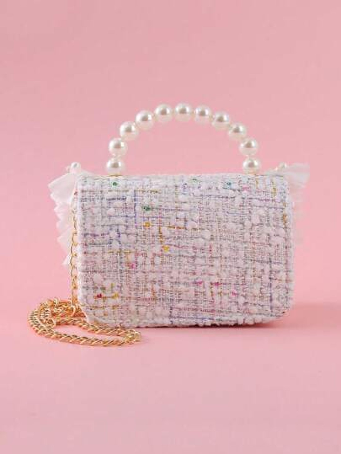 1pc Girls Ruffle Flower Leaf Metal Decor Pearl Sticker PU Wool Felt Multi Function Chain Closure Casual Beaded Handbag Children Princess One Shoulder Crossbody Bag Suitable For Holidays And Daily Use