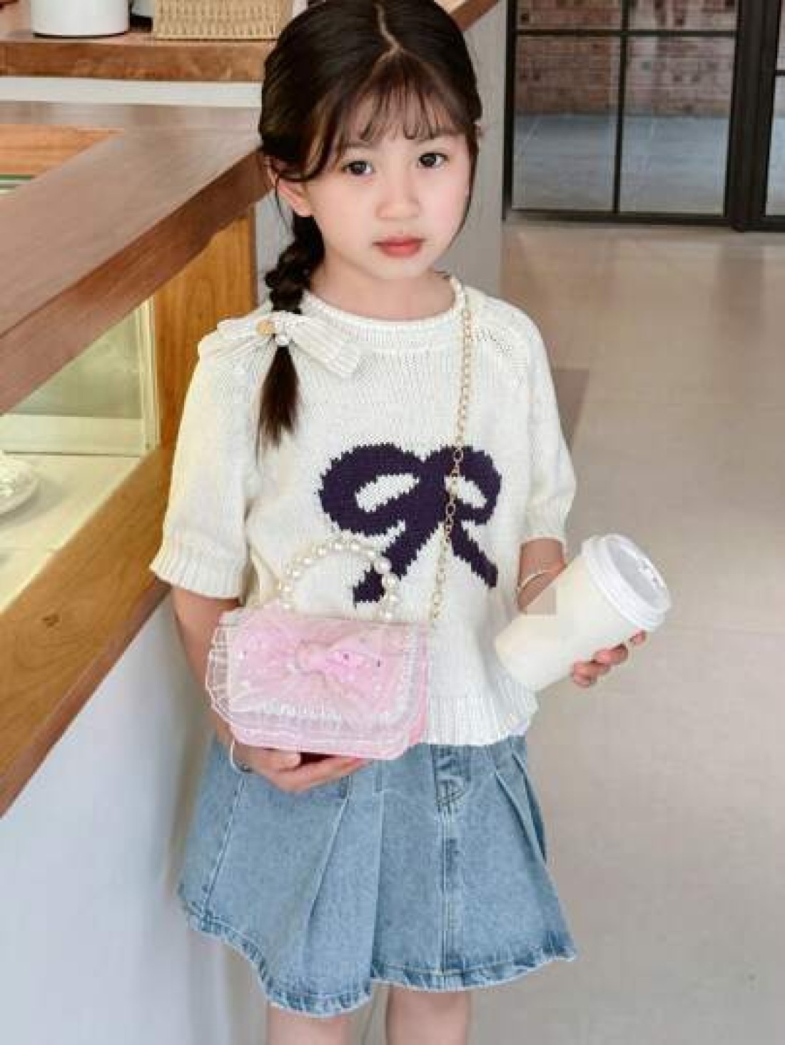 1 Pc Mini Fashion Shiny Young Children Pearl Handbag Chain Crossbody Bag Flip Bag Samll Square Bag Kawaii Princess Bag Toddler Coin Purse Cute Candy Storage Bag Portable Light Sweet Big Lace Bow Sequi