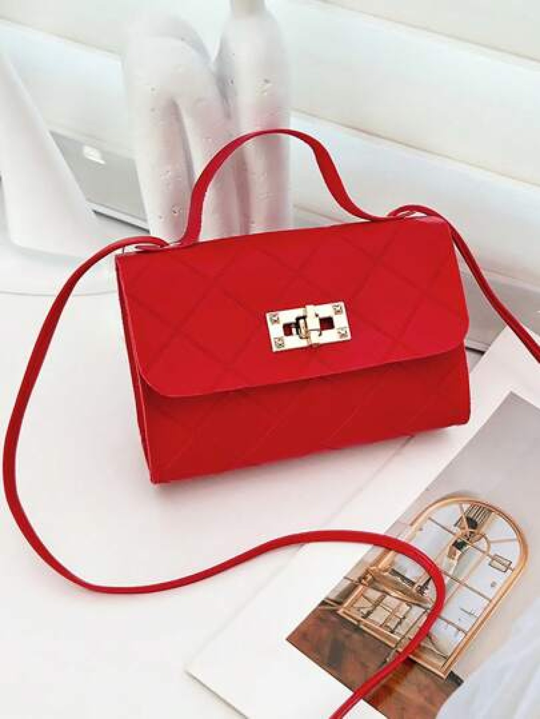 1pc Girls Metal Lock Decor Handbag Shoulder Bag Wallet Coin Purse Adjustable Strap Suitable For Daily Outdoor Travel Trekking Portable Ideal Gift