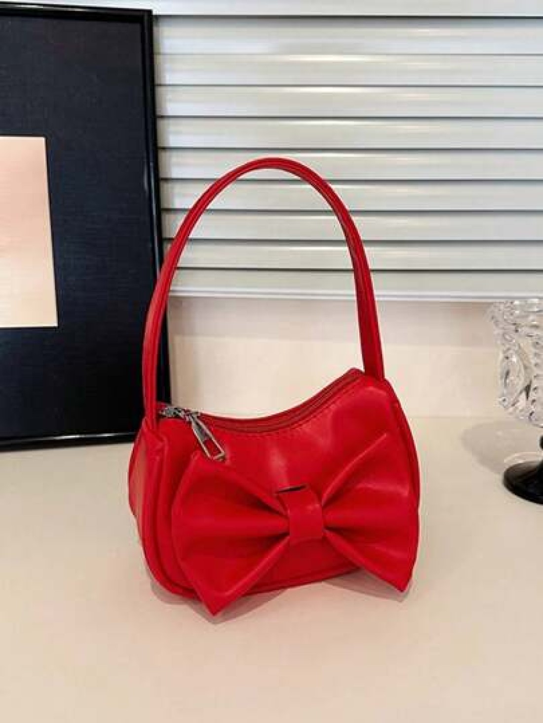 1pc Handbag Pu Zipper Opening And Closing New Style Small Elegant And Sweet Handbag Shoulder Bag Korean Style Small Bag Textured Bow Shoulder Bag Comfortable Shoulder Strap Suitable For Daily Outings