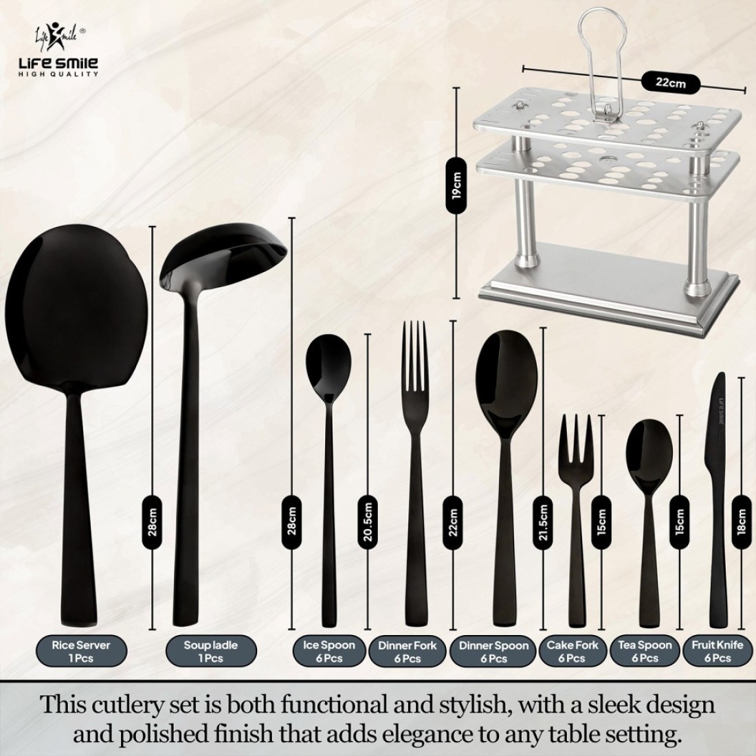 LIFE SMILE Cutlery Set, 18/10 Pure Stainless Steel Flatware Set with Stand, Rust Proof &amp; Fade Proof Dinnerware Set (SHINE BLACK, 38 Pieces)