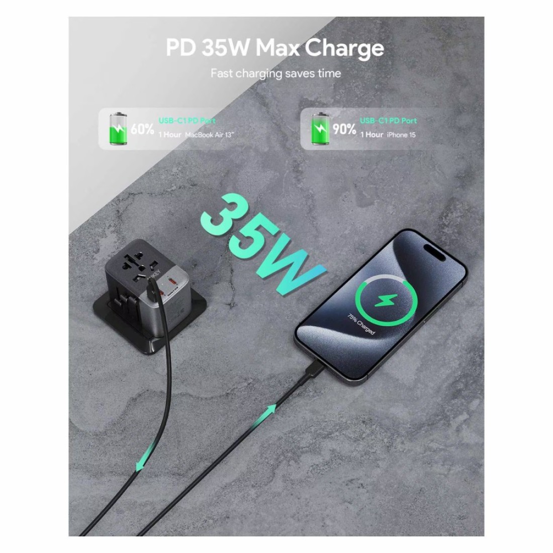 أوكي ترافيل ميت محول غان العالمي مع منافذ USB و PD - أسود 35 واط 2 أمبير