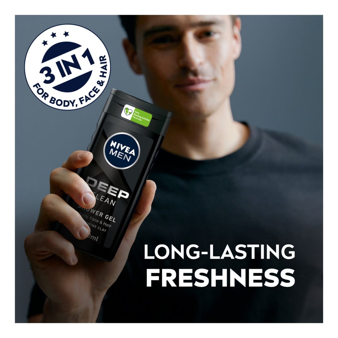 NIVEA MEN 3in1 Shower Gel Body Wash DEEP Micro-Fine Clay Woody Scent 250ml