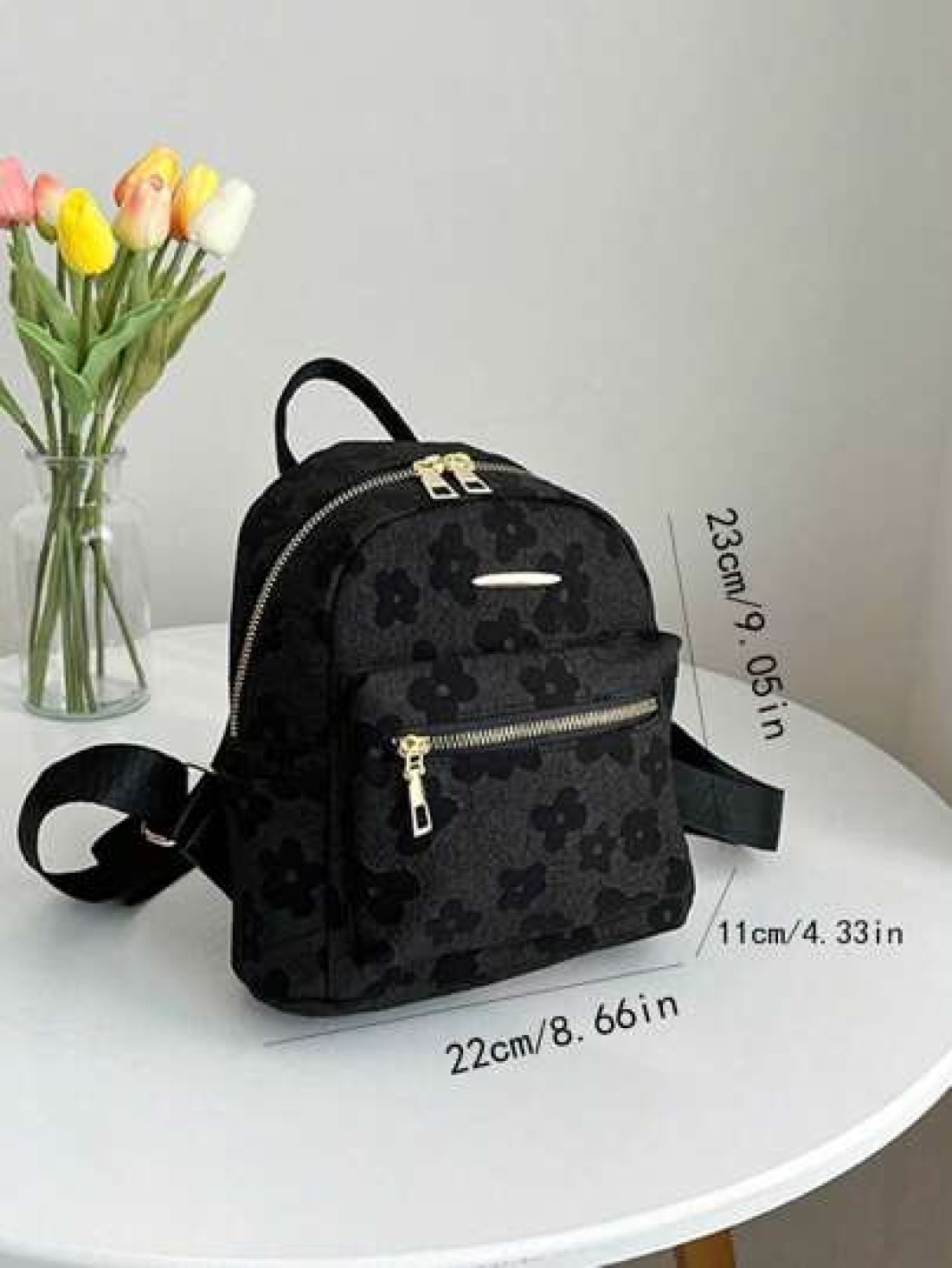 Fashionable Floral Print Black Backpack For Teens Double Zipper Design Suitable For Daily Use