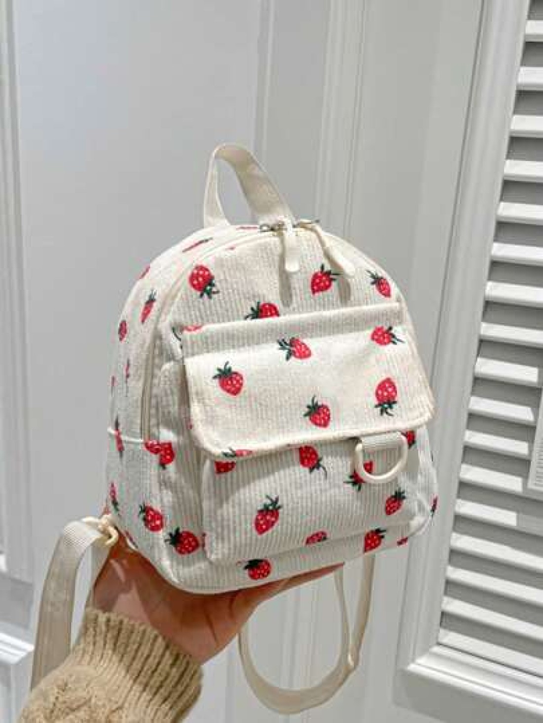 1 Piece Closed Fashionable Japanese Corduroy Stripes Small Fresh College Style Strawberry Pattern Backpack Korean Harajuku Print Small Backpack Suitable For All Occasions Comfortable And Adjustable Sh