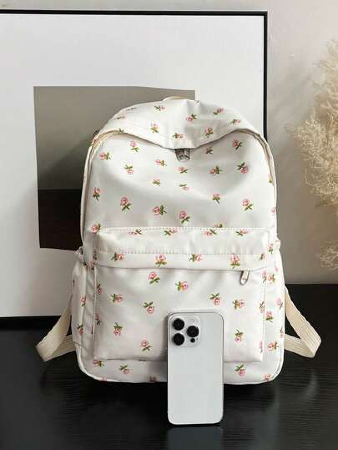 1pc White Nylon Floral Print Dual Zipper Large Capacity Fashionable Versatile Backpack Student Bag