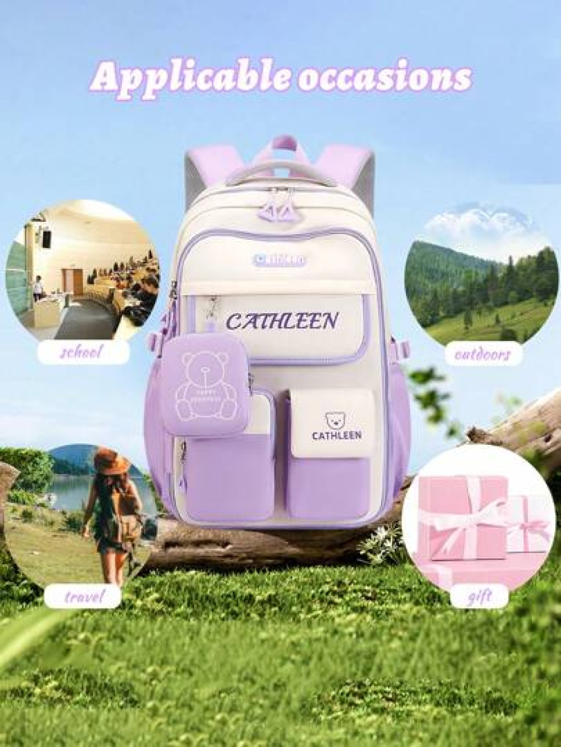 1pc Large Capacity Multi Pocket School Backpack For Girls Cartoon Bear Purple Backpack Outdoor Travel Bag With Coin Pocket Padded Shoulder Strap Fashion Versatile Polyester Suitable For Teenage Girls