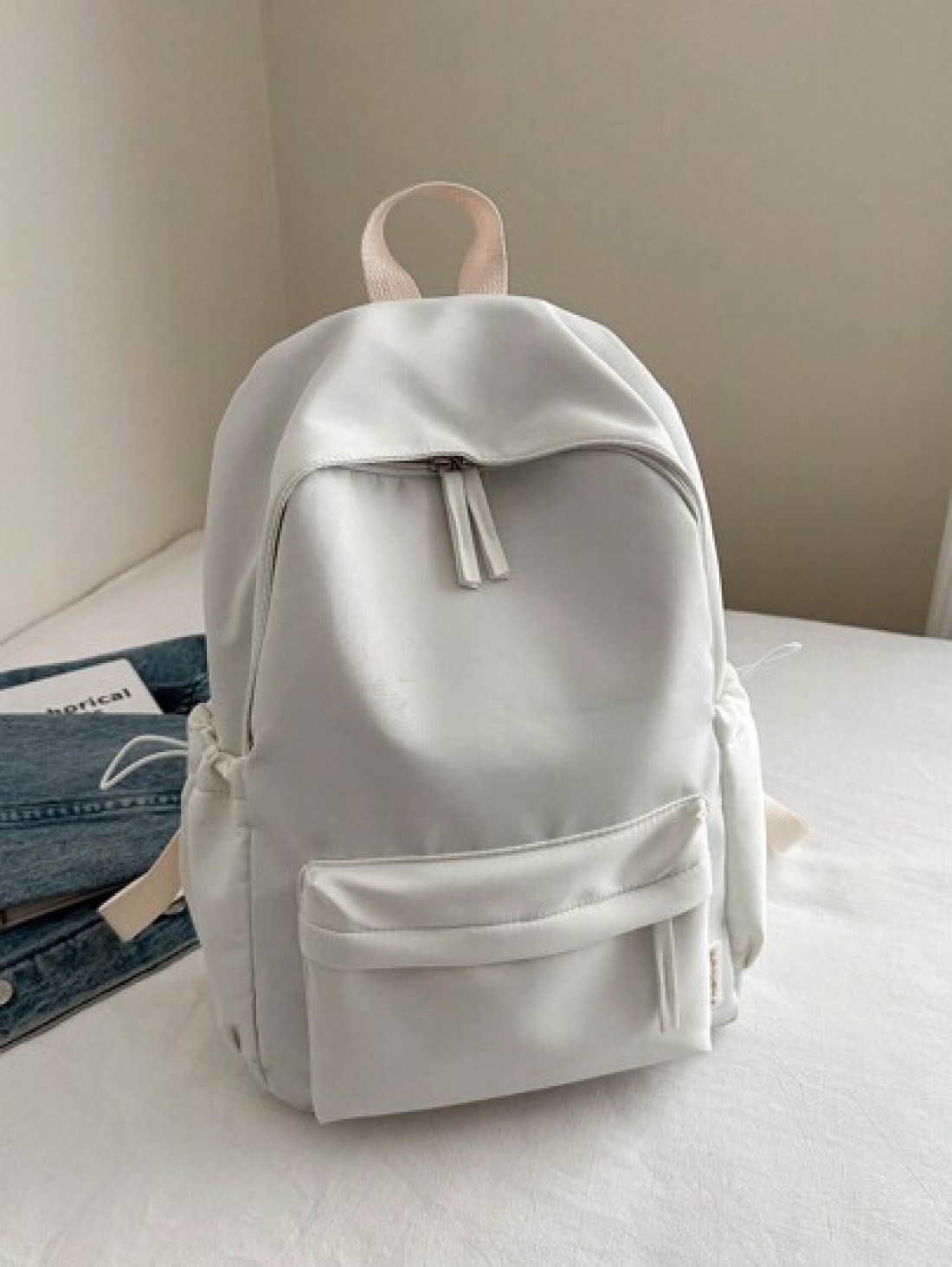 1pc Teens Simple Zipper Closure Backpack Fashion Versatile Solid Color School Bag Suitable For Daily Use