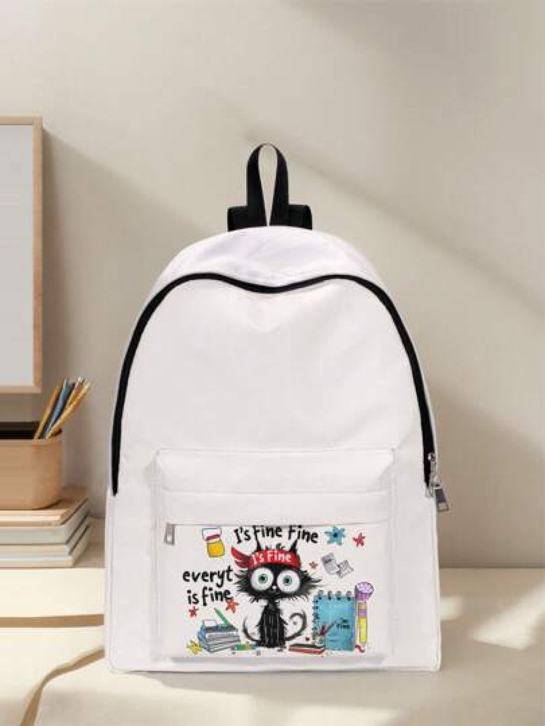 1pc Cute Cat Printed Pocket Backpack Zipper Closure Pocketed Casual Backpack Stylish For Boys And Girls Suitable For School And Outdoor Activities
