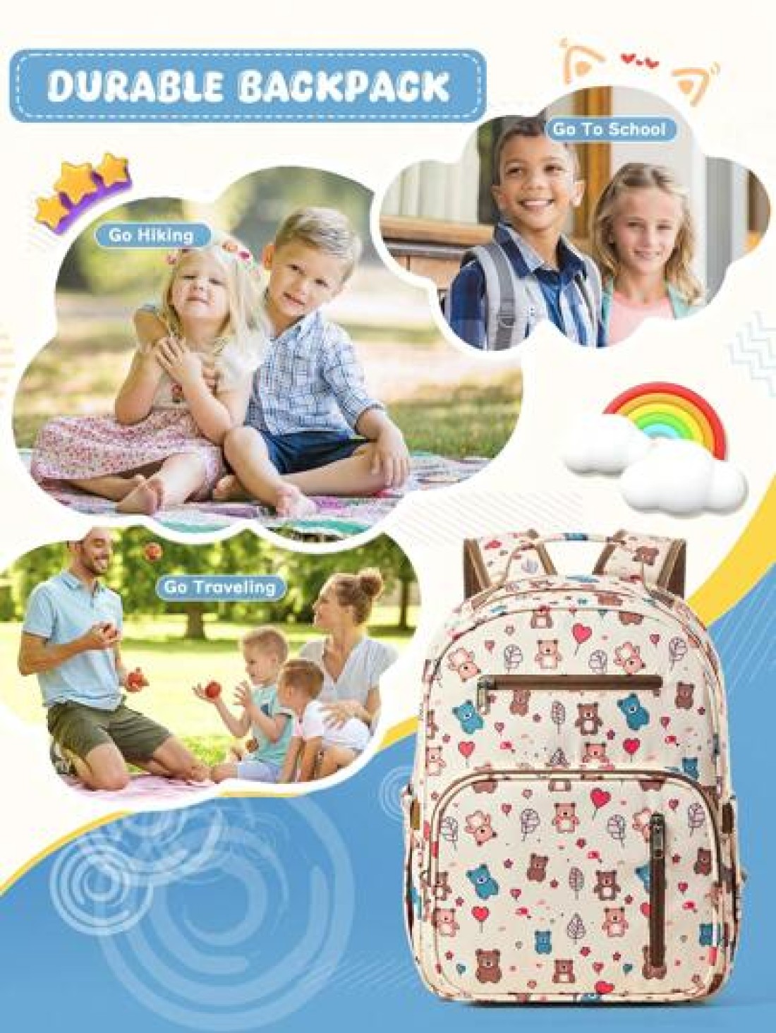 15 11 5inch Large Kawaii Kids Backpacks Elementary School Backpacks With Mulit Pockets And Compartments Kindergarten Backpacks Cute Animal Print Backpack With Padded Shoulder Straps Travel Backpacks W