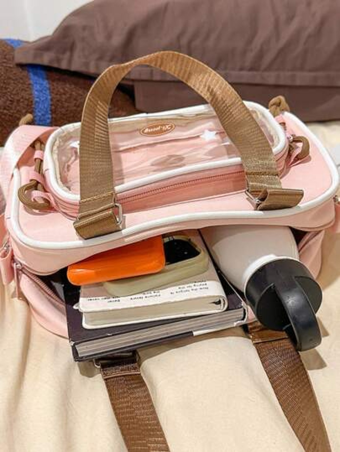 1pc New Casual Colorblock One Shoulder Bag Nylon Waterproof Transparent Crossbody Bag No Accessories Pendant