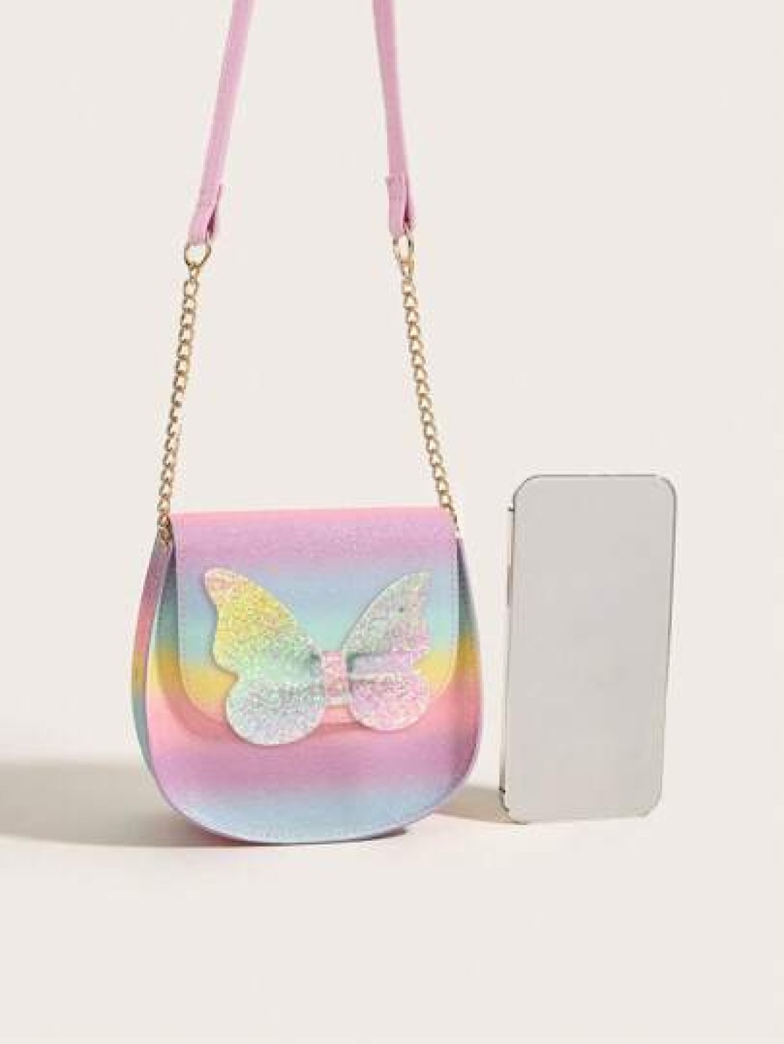 1pc Girls Cute Glitter Butterfly Flap Rainbow Plaid PU Crossbody Bag Suitable For Daily Use