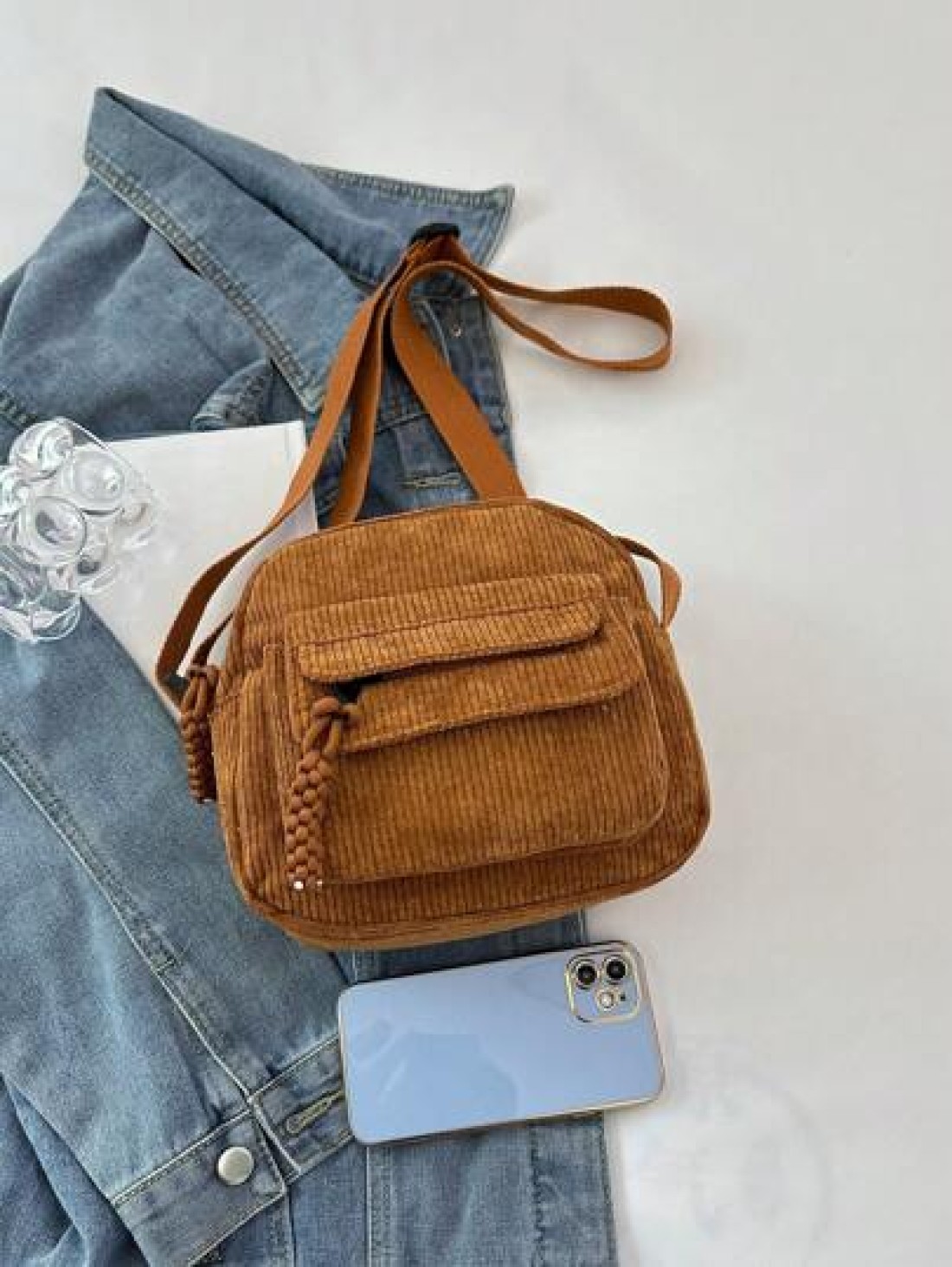 1pc Young Girl Plush Fabric Zipper Closure Casual Sling Bag Suitable For Everyday Use
