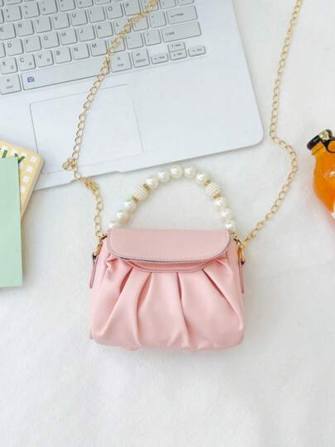 1pc Fashionable Sweet Pearl Chain Shoulder Messenger Bag Fashionable Pleated Underarm Bag Korean Version Of Hand Held Cute Girl Bag Pu Pleated Design Pearl Handbag High Grade Solid Matching Suitable F