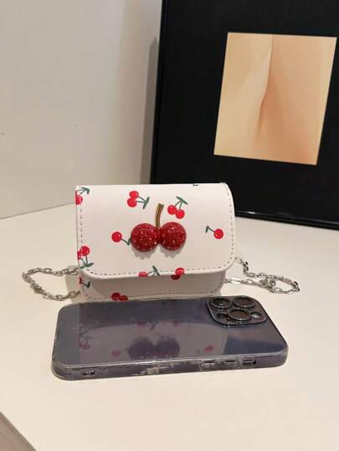 Fresh Cherry Print Mini Small Bag Foreign New Summer Cute Sweet Mini Lipstick Bag Chain Crossbody Headphone Bag Shoulder Bag Korean Fashion Crossbody Bag