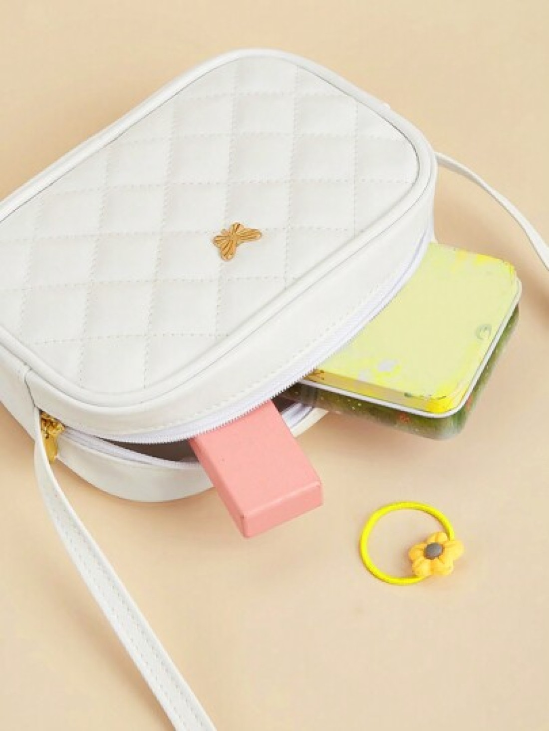 1pc Girls Metal Bowknot Diamond Grid Stitching Simple Versatile Lightweight Shoulder Crossbody Bag