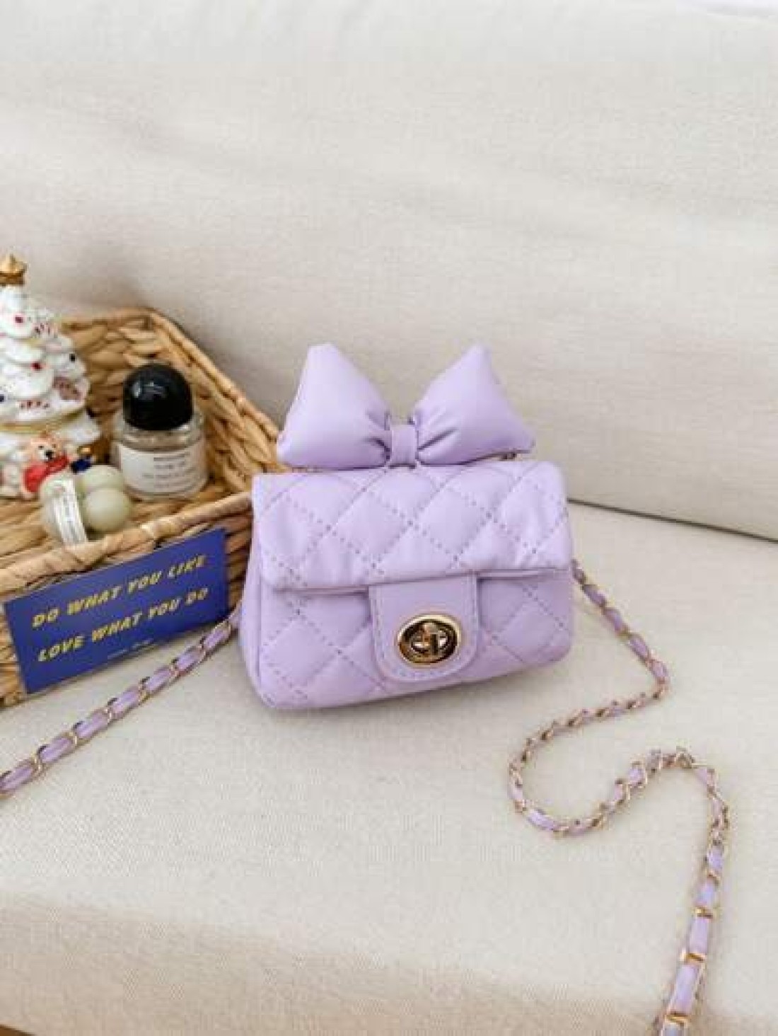 1pc Kids Bow Decor Coin Purse Embroidered Rhombus Mini Bag With Chain Fashionable Girls Crossbody Bag