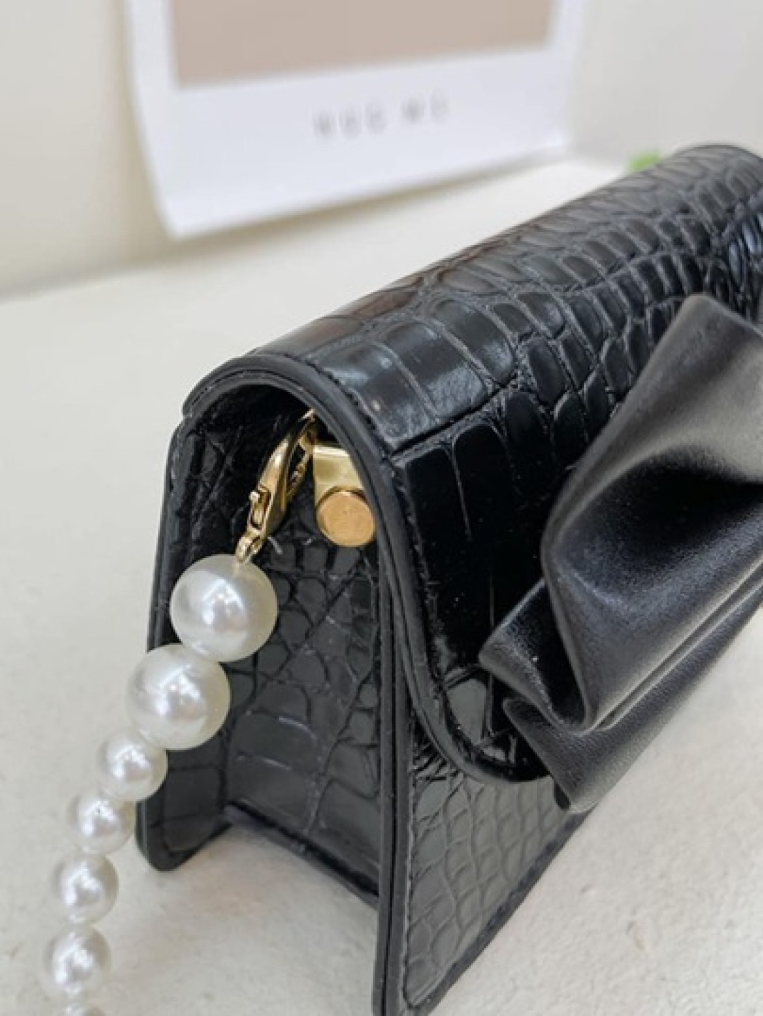 Girls Crocodile Embossed Bow Decor Square Bag