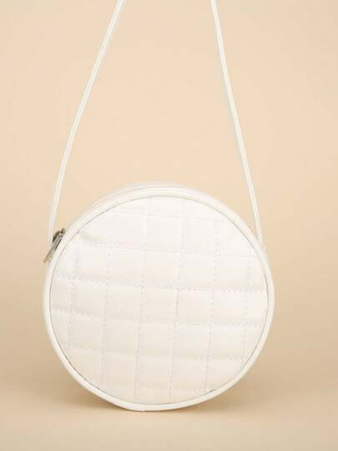 1pc Girl s White PU Shoulder Bag Fashionable Cute Bow Design Small Round Bag With Rhombus Embroidery Fits For Phone And Coins Zippered Closure Suitable For All Seasons