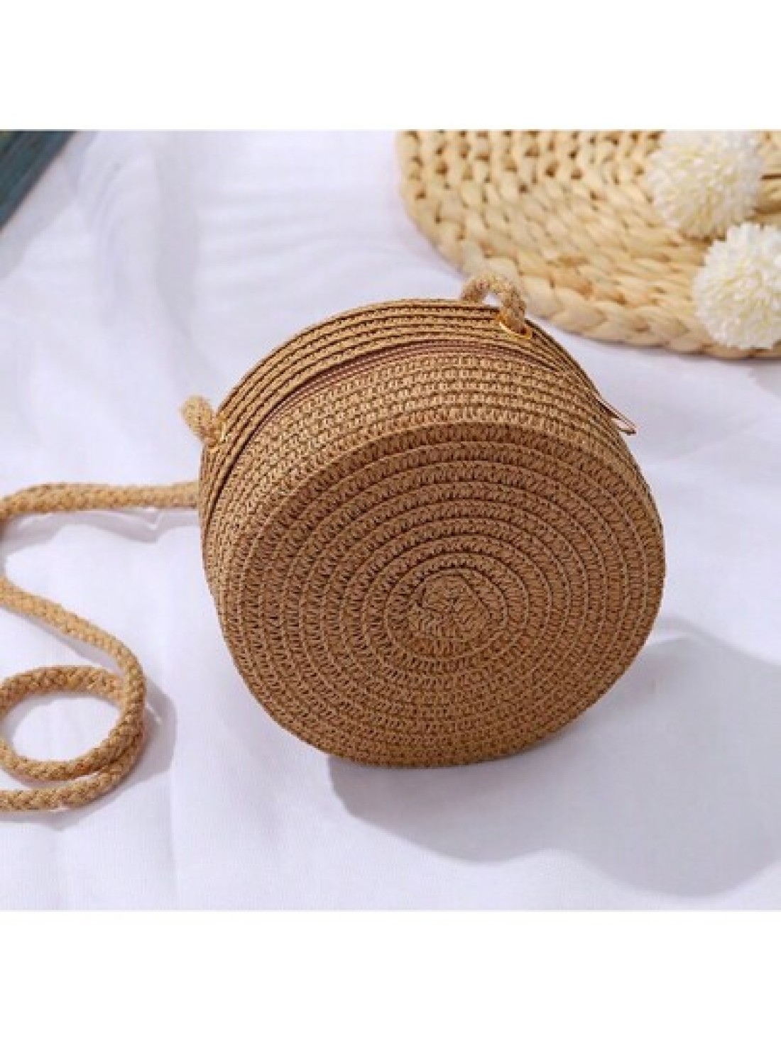 1Pc 12CM Brown Small Round Bag Beach Essentials Summer Essentials Women Bags For Vacation Holiday Wicker Bag Beach Purse Perfect For Summer Vacation Daily Use Travel Must Haves