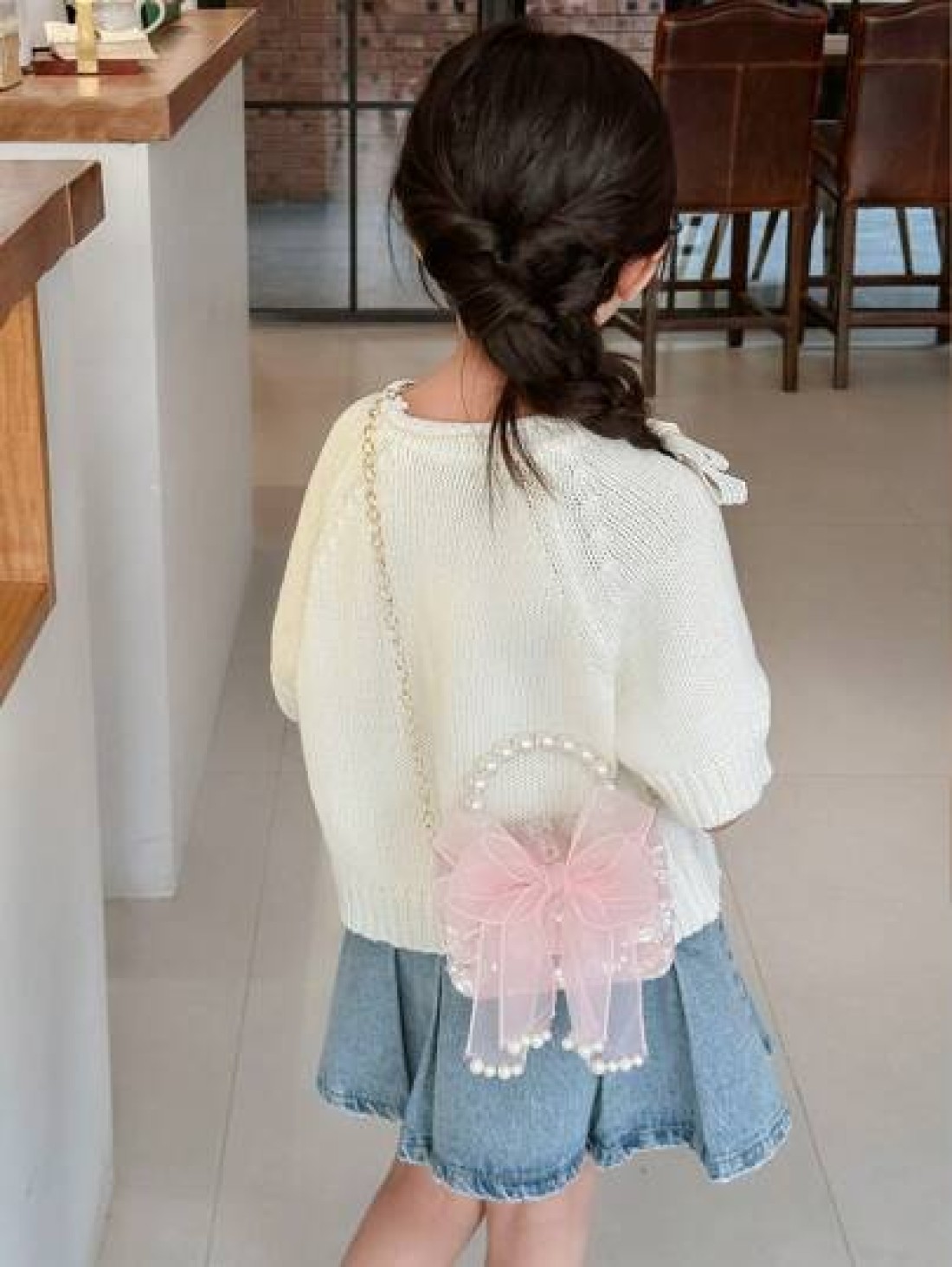 1pc Girls Polyester Cartoon Bow Pattern Crossbody Bag Cute Design For Outdoor Use