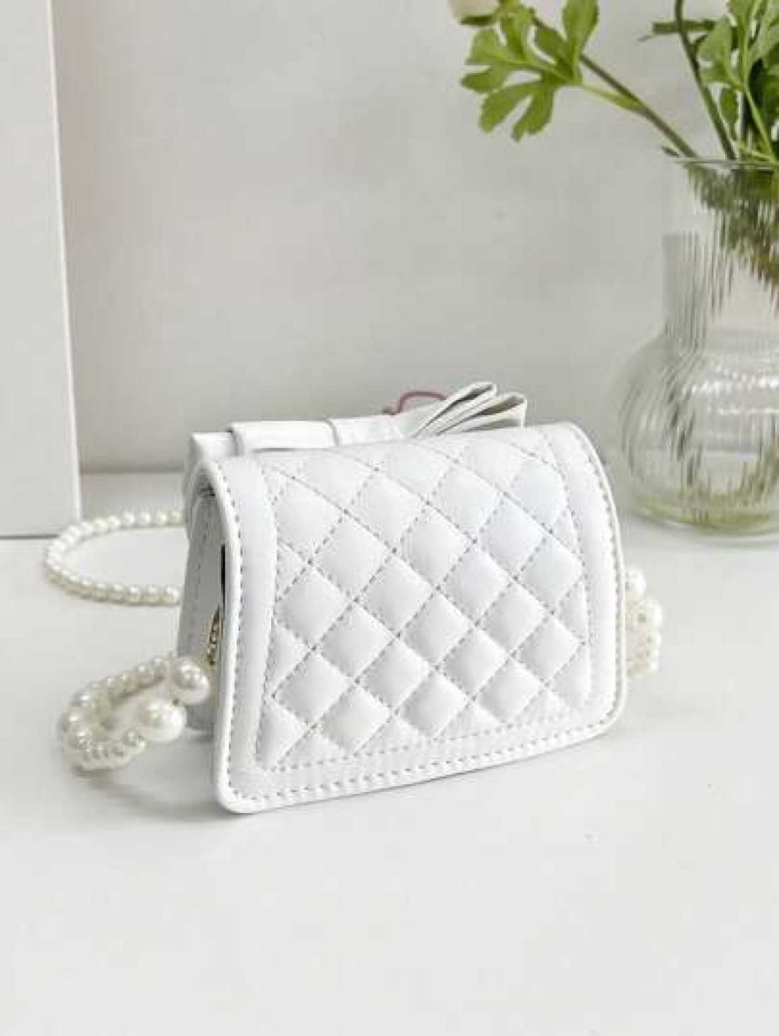 1pc Young Girl Casual Fashion Bowknot Rhombus Embroidery Thread Pearl Chain Crossbody Bag Suitable For Daily Use