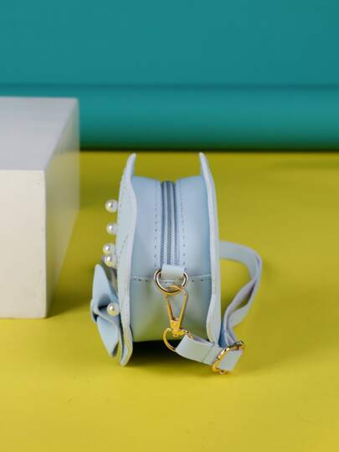 Girls Faux Pearl Bow Decor Dome Bag Mini Blue