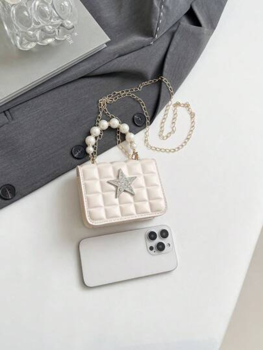 1pc Pu Fashion Simple Sweet Diamond Lattice Pearl Five Pointed Star Hand Held Evening Party Square Bag Niche Design Chain Shoulder Strap Comfortable And Versatile One Shoulder Crossbody Smooth And Not