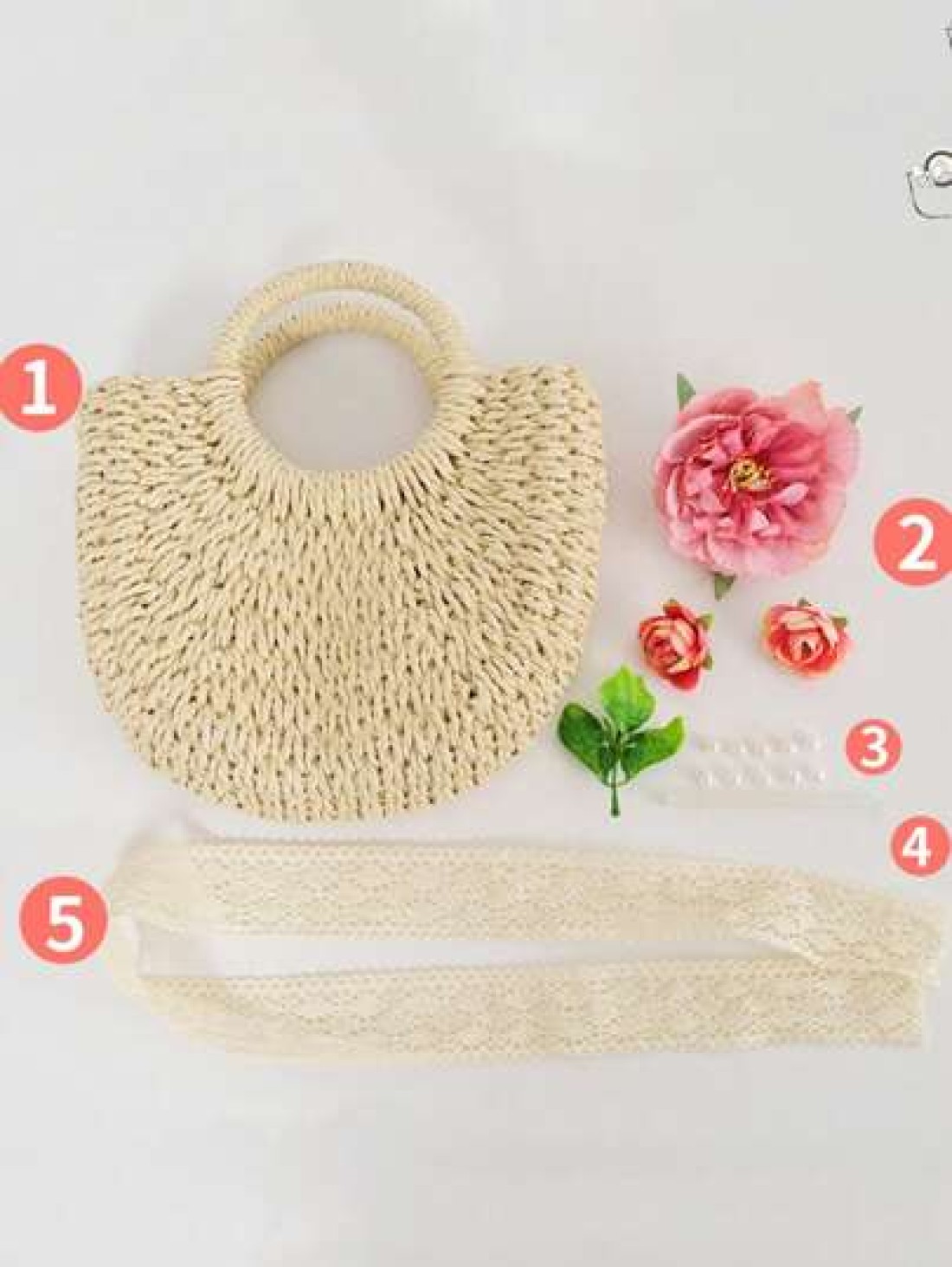 1pc Straw Bag With Faux Flower Half Moon Shaped Women Handbag Woven Crossbody Small Bag Beach Bag