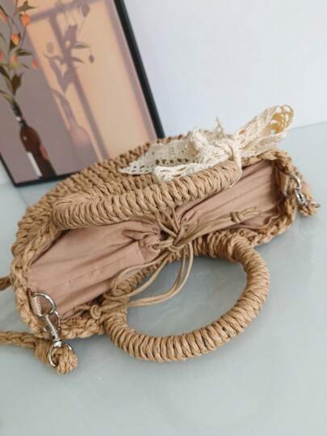 1pc Girls Beach Style Handbag Casual One Shoulder Crossbody Drawstring Top Tote Handmade Woven Butterfly Decor Straw Bag