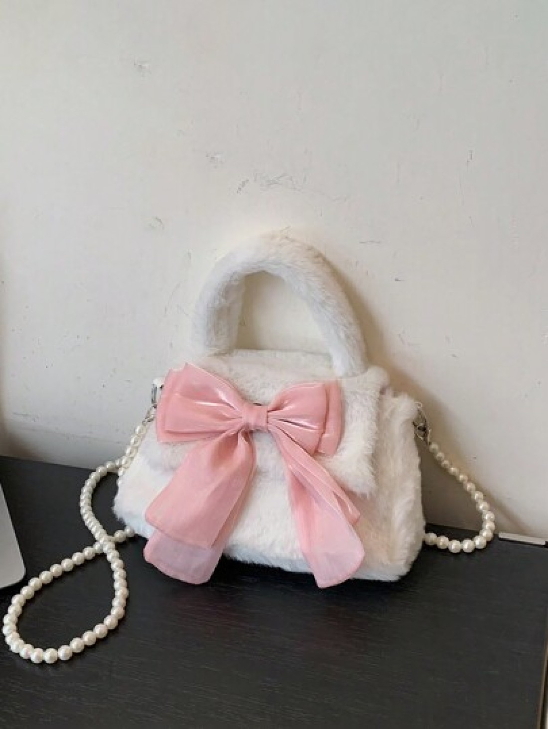 1 Pc Cute Mini Kids Pink Big Bow Soft Plush Handbag Fall Winter Pearl Shoulder Strap Crossbody Bag Lightweight Square Bags For Girls Students For Festivals Vacation Holiday Fashion Accessory