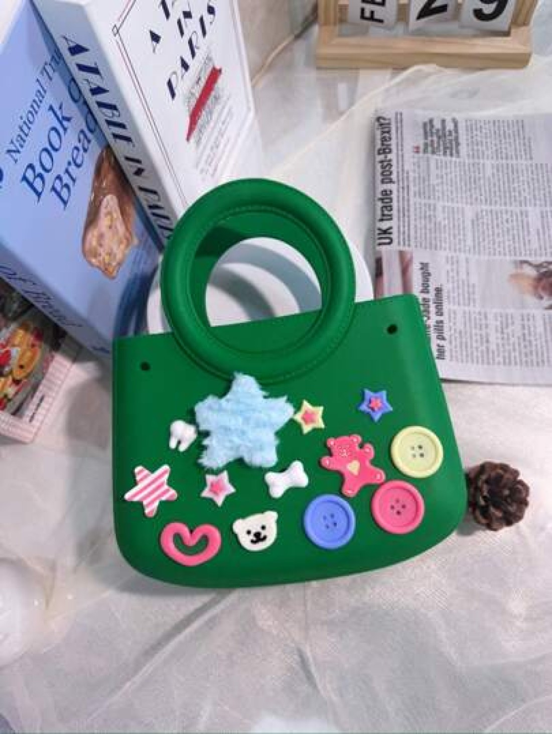 1pc EVA Solid Color Waterproof DIY Tote Bag Beach Basket Fashionable Hollow Out Travel Handbag