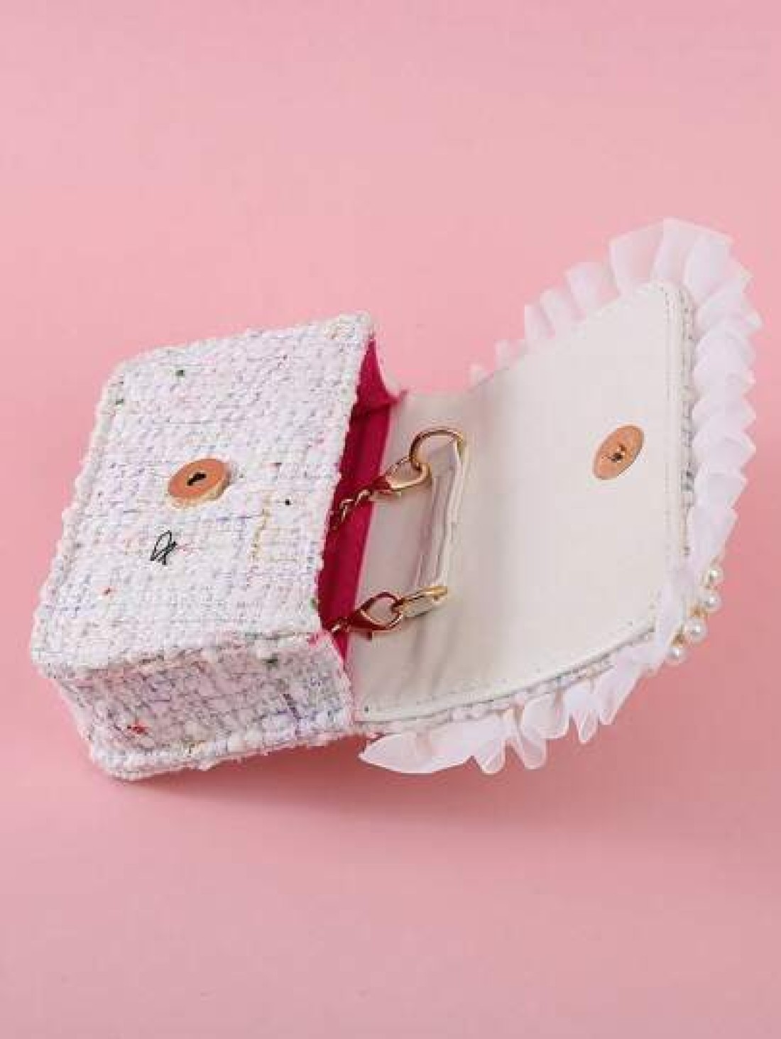 1pc Girls Ruffle Flower Leaf Metal Decor Pearl Sticker PU Wool Felt Multi Function Chain Closure Casual Beaded Handbag Children Princess One Shoulder Crossbody Bag Suitable For Holidays And Daily Use