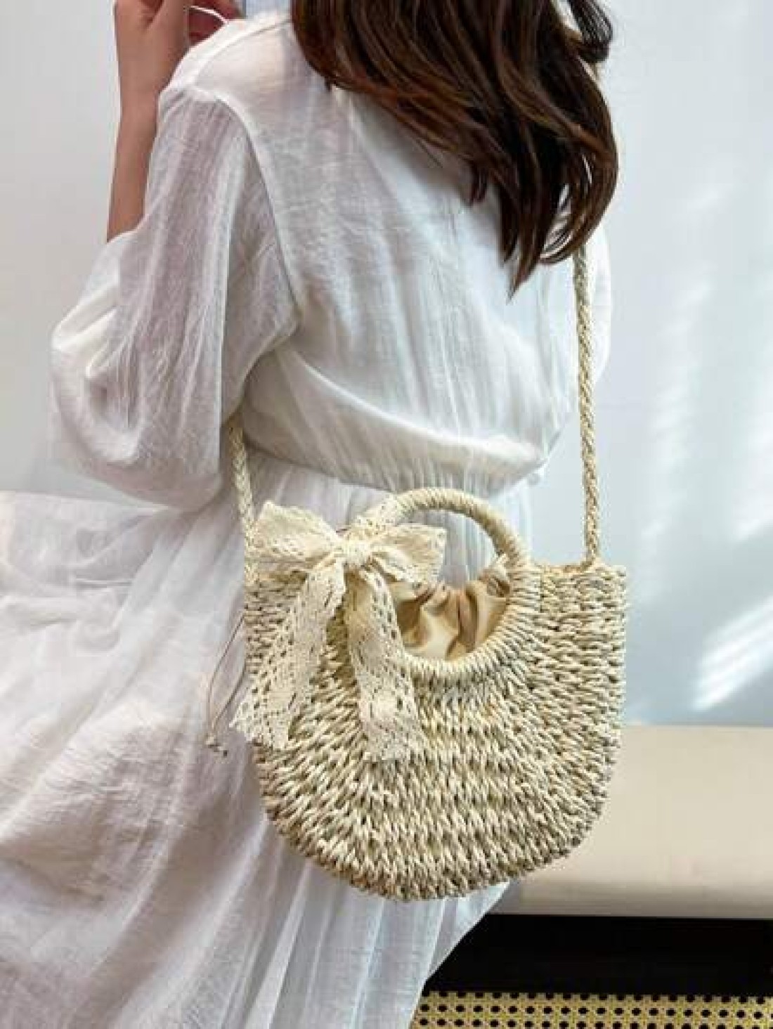 1pc Girls Vacation Style Drawstring Pockets Shoulder Handbag Casual Crossbody Bag Suitable For Summer Vacation