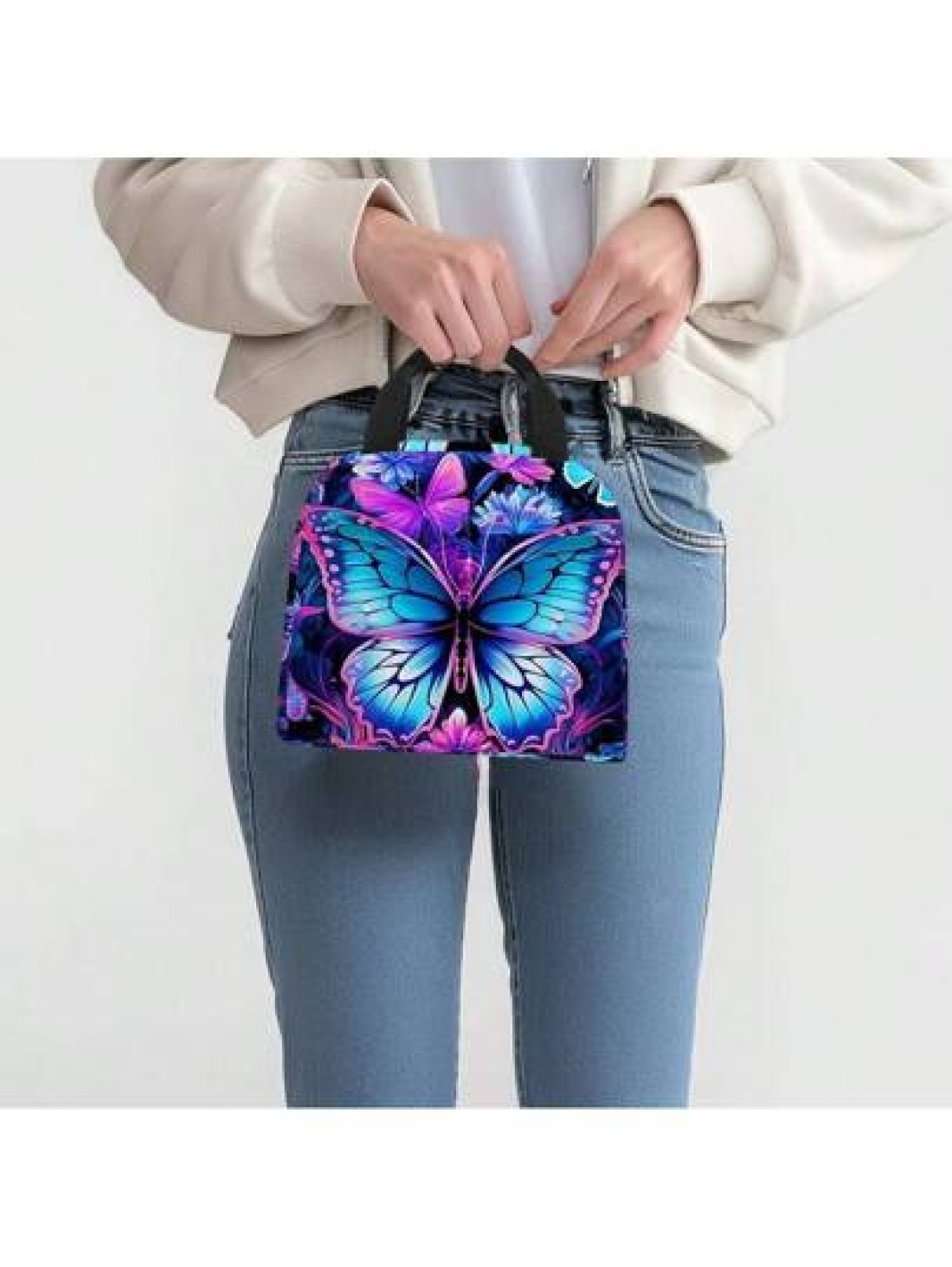 Butterfly Printed Lunch Bag Insulated Tote Bag Portable Tote Bag For Work Travel And Picnics Back To School