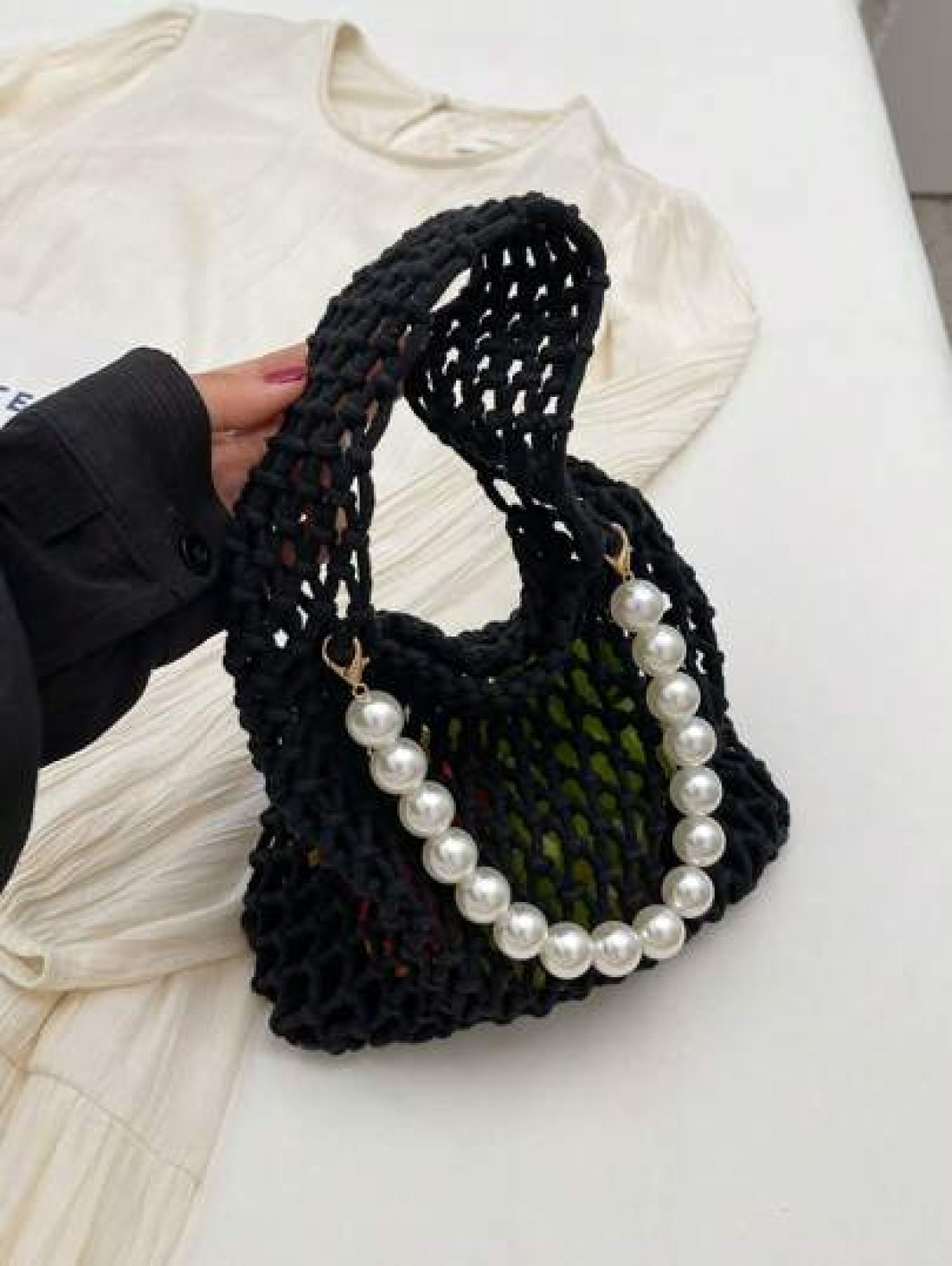 1pc Handbag Open Top Opening And Closing Niche Pearl Hollow Design Bag For Girl New Summer Fashion Braided Small Bag Casual And Versatile Beach Bag Suitable For Daily Outings And Vacations A Perfect G