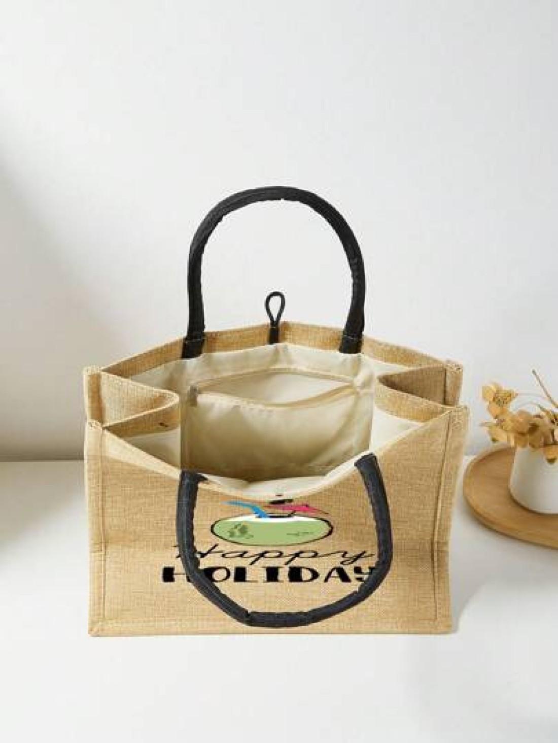 1 Pc Simple Linen Summer Element Print Tote Bag For Big Children Large Capacity Travel Bag Square Bag Gift Bag Shopping Bag Portable Button Closure Handbag For Daily Class And Back To School Shopping