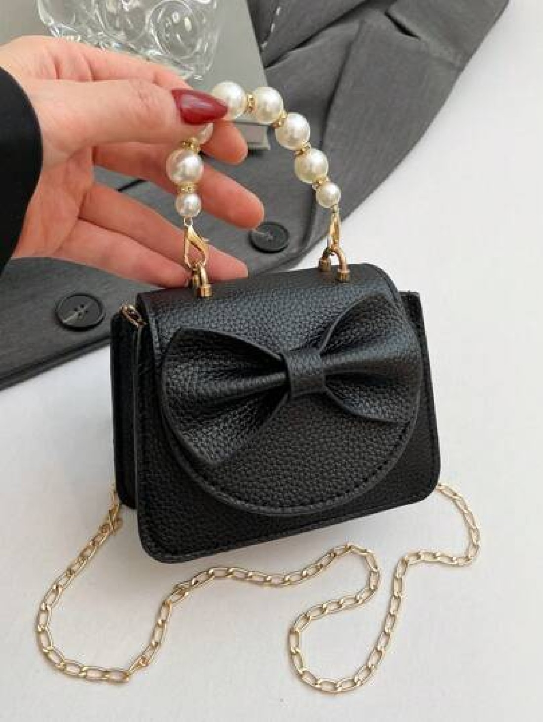 1 Piece Pu Magnet Closure Fashion Sweet Lychee Pattern Faux Pearl Bow Handbag Niche Design Highly Attractive Chain Mini Shoulder Crossbody Change Lipstick Bag Suitable For Teenagers Travel Shopping Pa