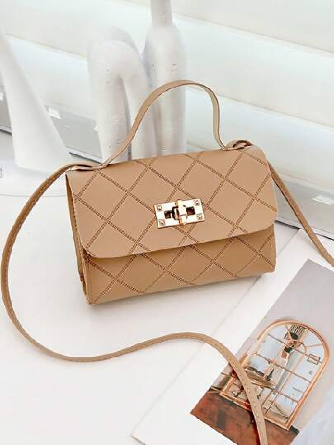 1pc Girls Metal Lock Decor Handbag Shoulder Bag Wallet Coin Purse Adjustable Strap Suitable For Daily Outdoor Travel Trekking Portable Ideal Gift