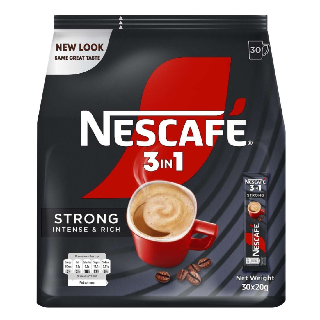 Nescafe 3-In-1 Strong Intense and Rich Instant Coffee Mix, 20g Pack of 30