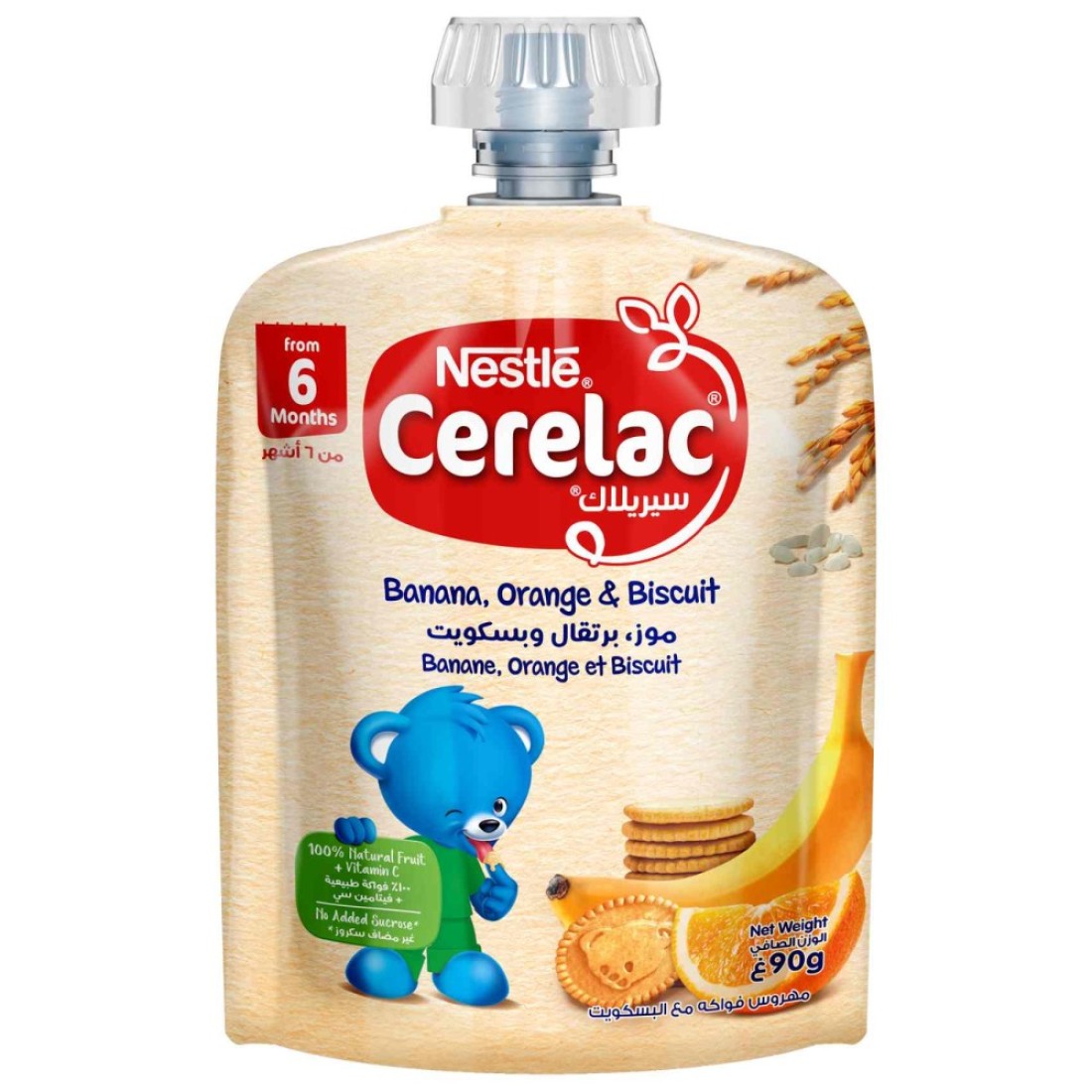 Nestle Cerelac Fruits Puree Pouch, Banana, Orange, Biscuit, from 6 Months, 90g