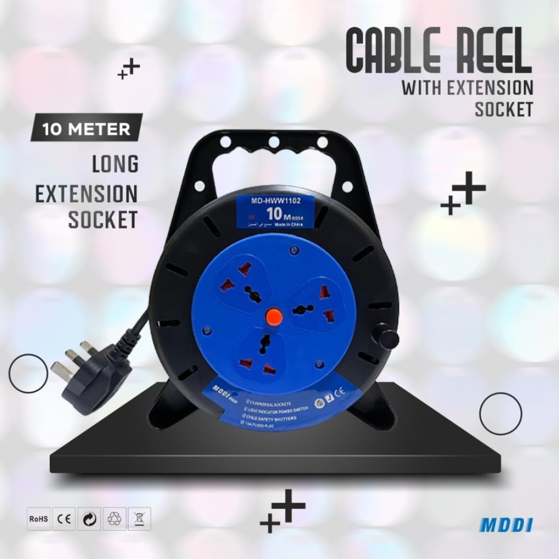 MODI Retractable 3-Way Extension Cord Reel - 10m Cable Reel with Power Button for Home, Office 2000 Watts Power Extension (10M)