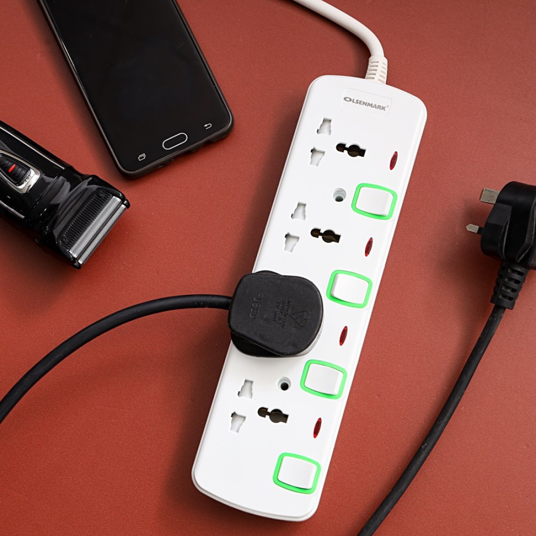 Olsenmark 4 Way Power Socket with Individual Switches- OMES1728D/ Equipped with PP Fire Proof Housing, Copper Parts, and Child Safety Shutter/ 3-meter Extension Cord, Ideal for Home, Office,