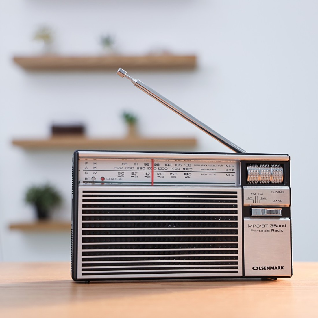 Olsenmark Portable Radio with 3 Band - Rechargeable Battery, Bluetooth USB, TF, &amp; MP3, Comfortable Handle, Karaoke Function - Recorder - Microphone Retro Style Radio, 2 Years Warranty