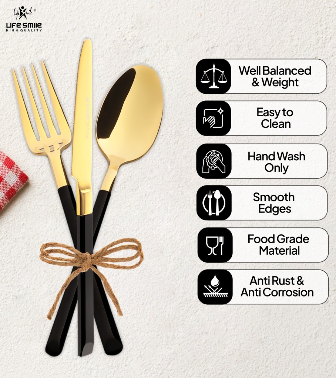 LIFE SMILE Cutlery Set, 18/10 Pure Stainless Steel Flatware Set with Stand, Rust Proof &amp; Fade Proof Dinnerware Set (SHINY GOLD HEAD &amp; SHINY BLACK HANDLE, 38 Pieces)